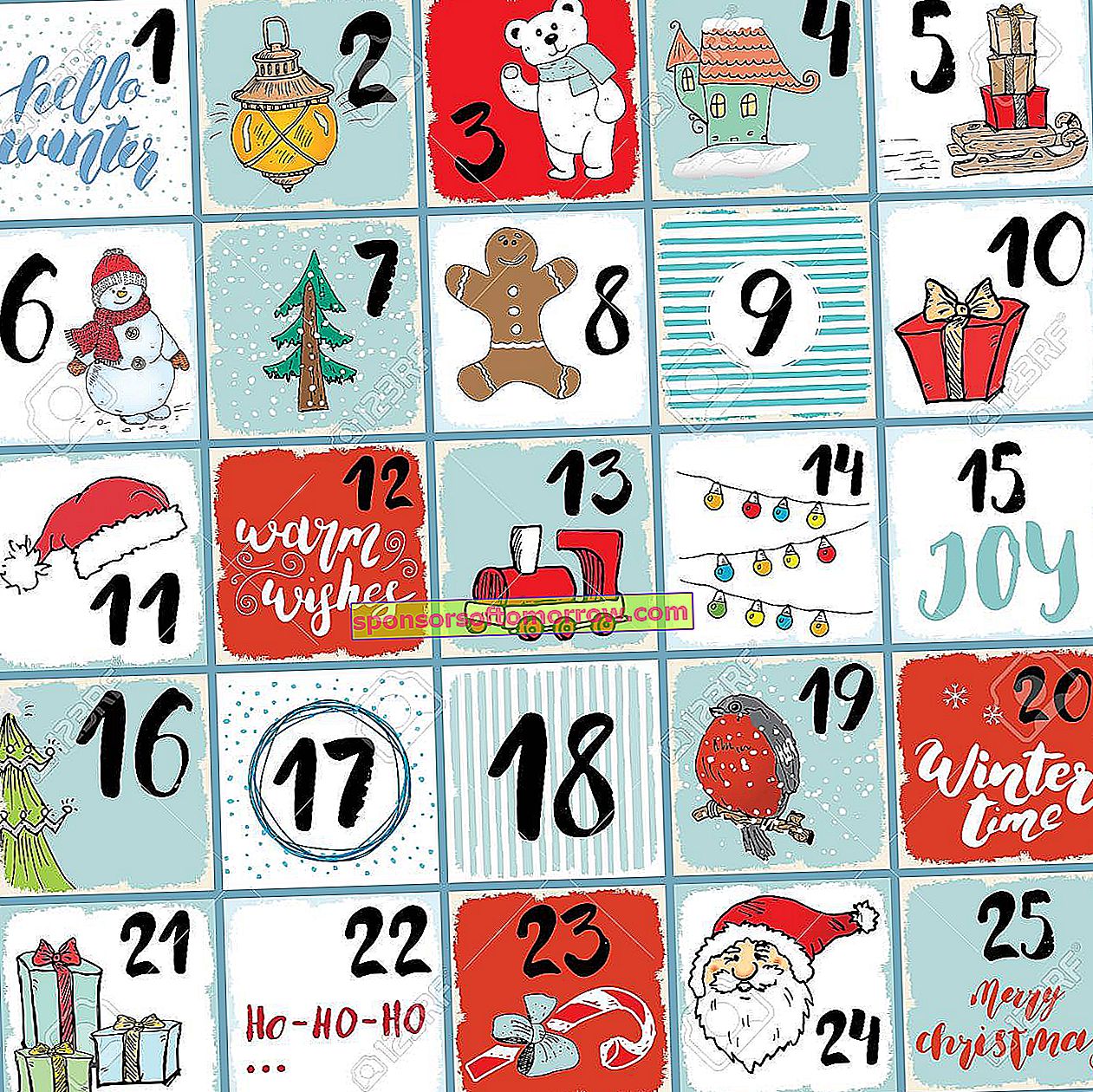 Weihnachts-Adventskalender.  Handgezeichnete Elemente und Zahlen.  Winterferien-Kalenderkarten-Set-Design, Vektorillustration