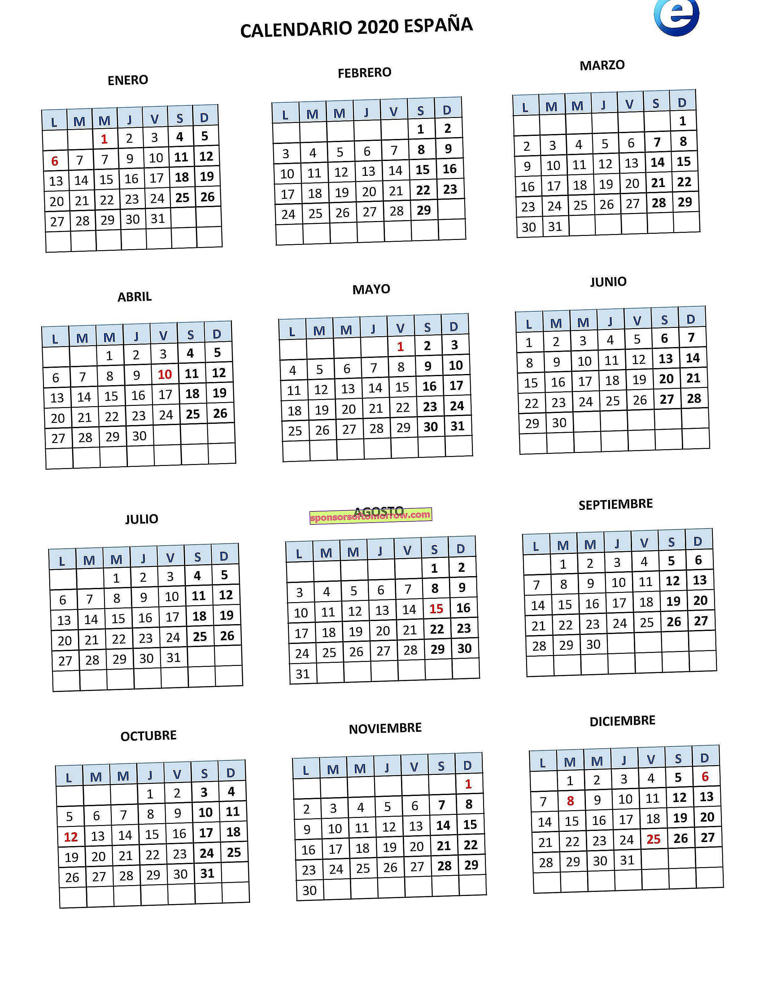 カレンダー-労働-2020-スペイン