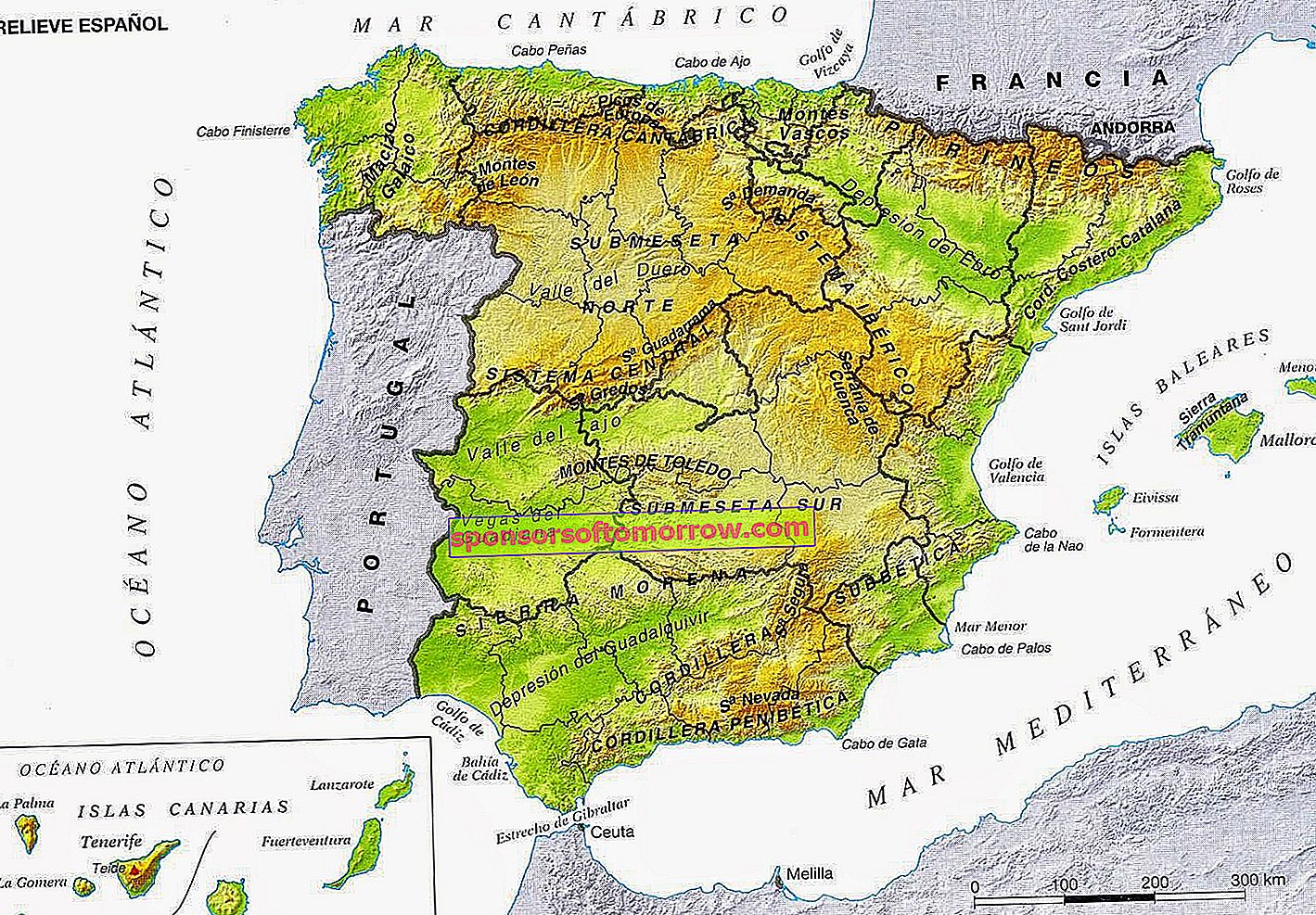 แผนที่ทางกายภาพของสเปน