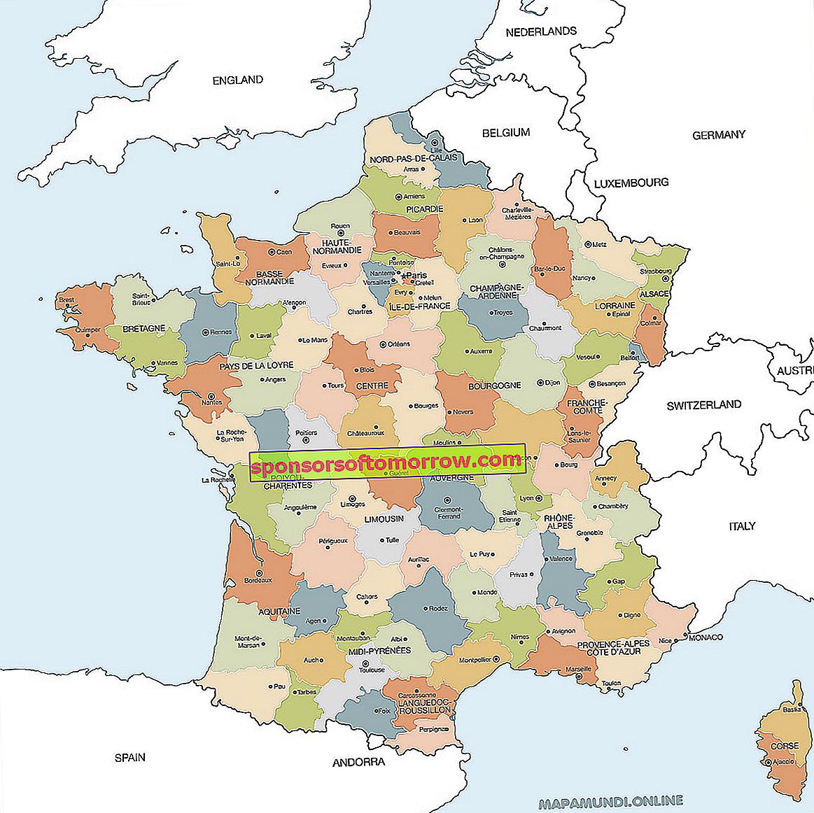แผนที่ทางการเมืองของฝรั่งเศส