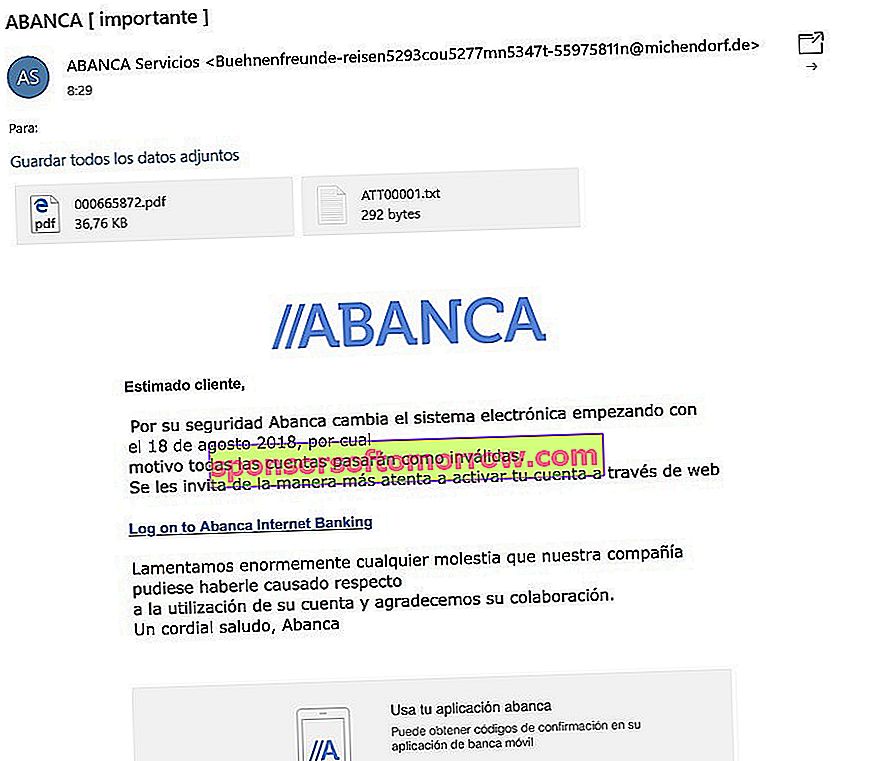 Остерегайтесь подделки фальшивой почты ABANCA с предполагаемым изменением системы