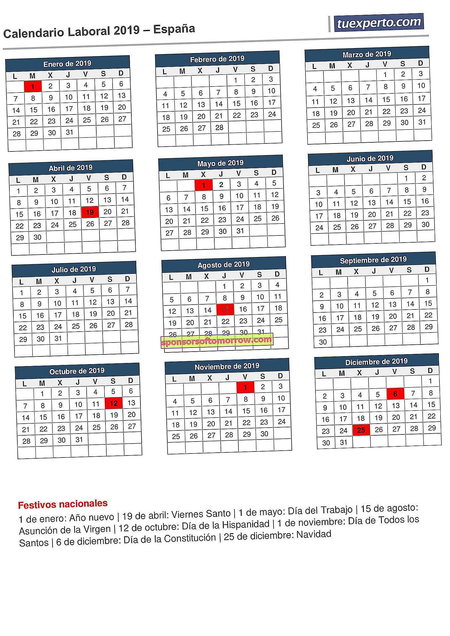Kalender kerja 2019 untuk diunduh 