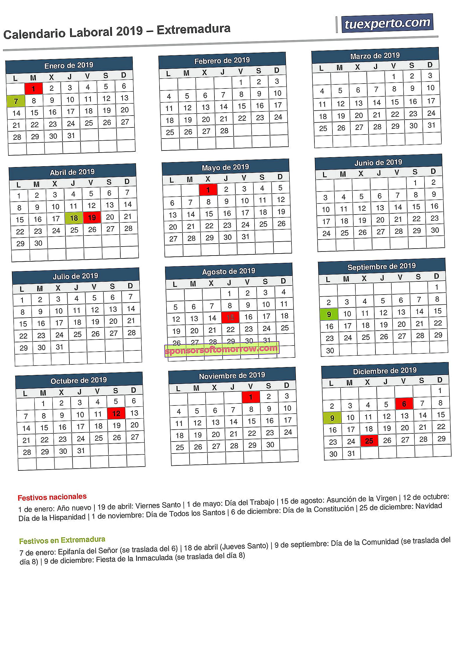エストレマドゥーラ労働カレンダー2019