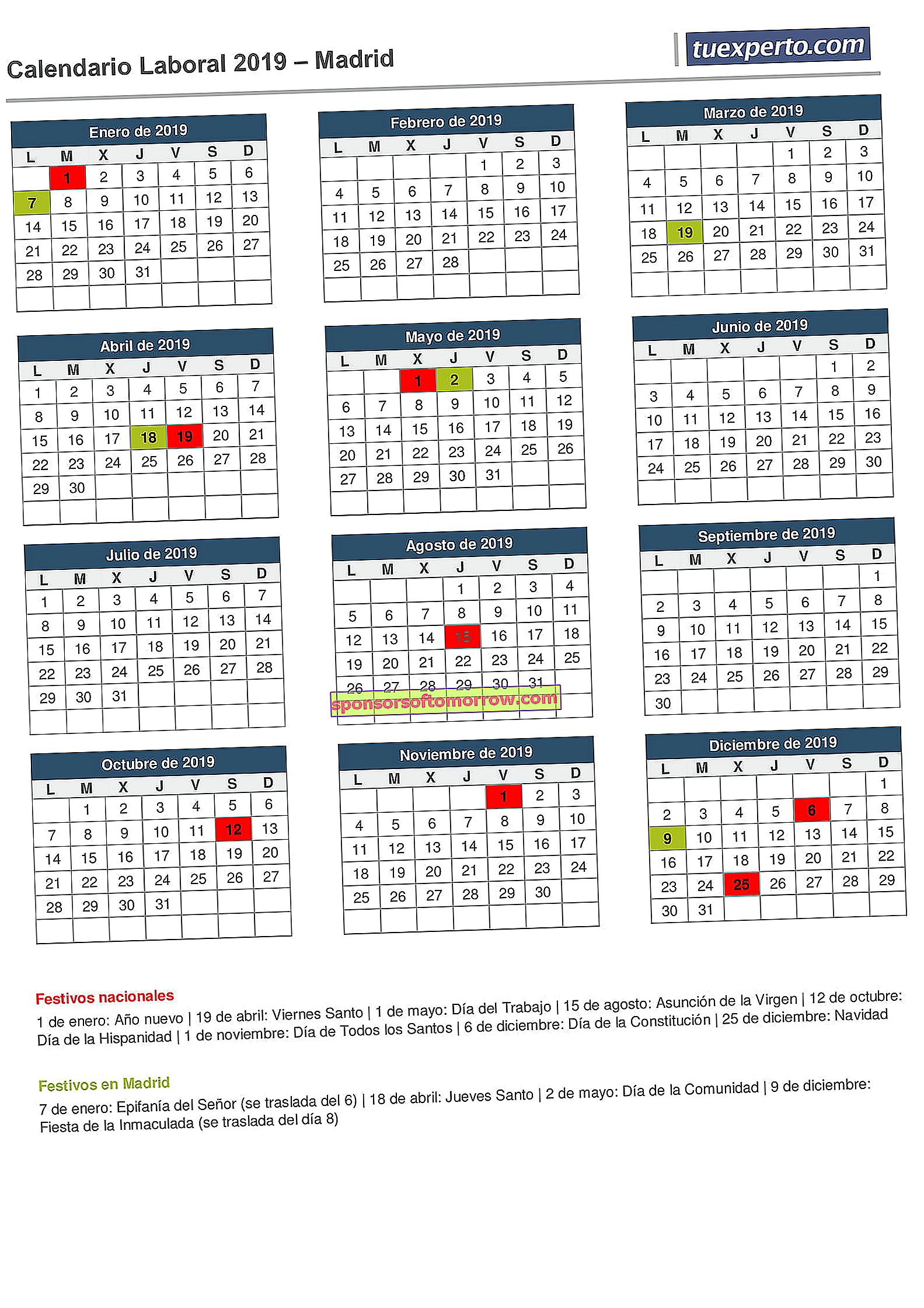 calendrier de travail 2019 madrid