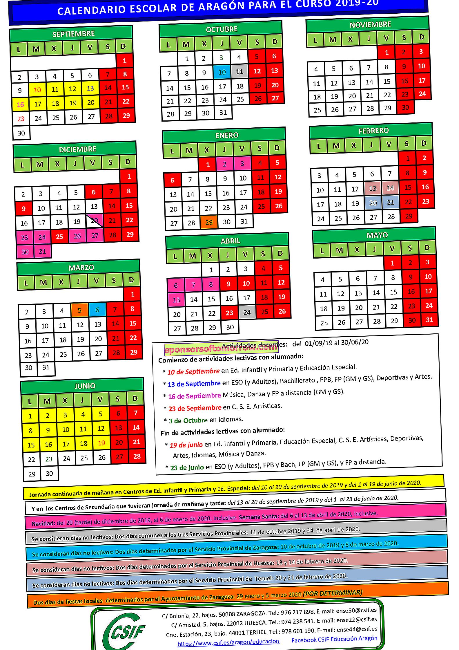 Kalender sekolah aragon 2019