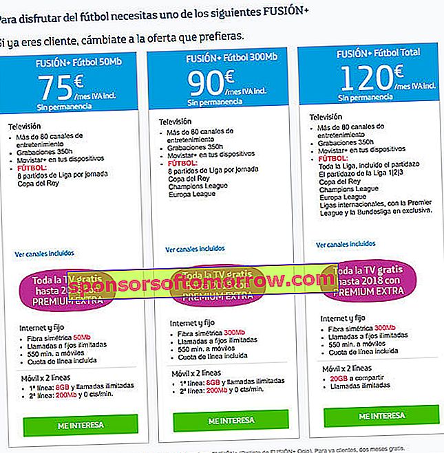 Movistar 패키지의 축구 가격 2017-2018
